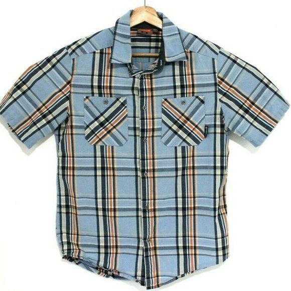 Merrell Mens Size Medium Blue Plaid Metal Button Down Short Sleeve Shirt - Picture 1 of 4